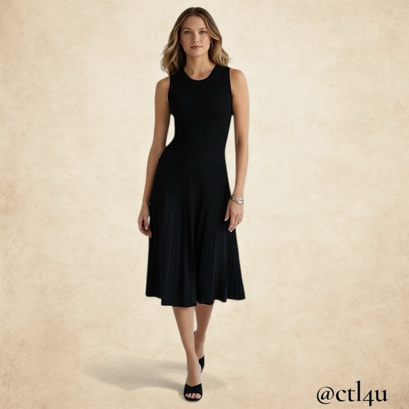 NWT Edited by Remi Bader Black Knit Midi Dress Drop Waist Pleated Skirt L